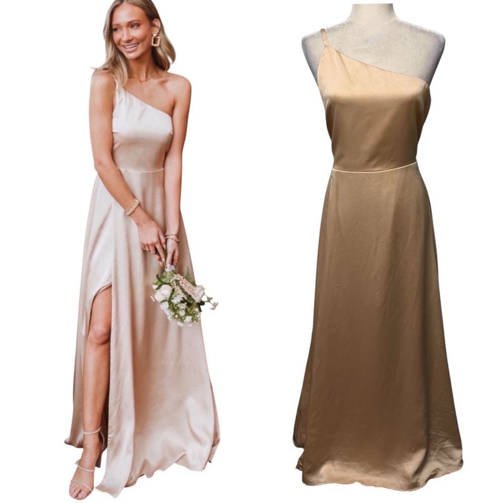 Show Me Your Mumu Dress Women L Shannon One Shoulder Maxi Satin Champagne Gold